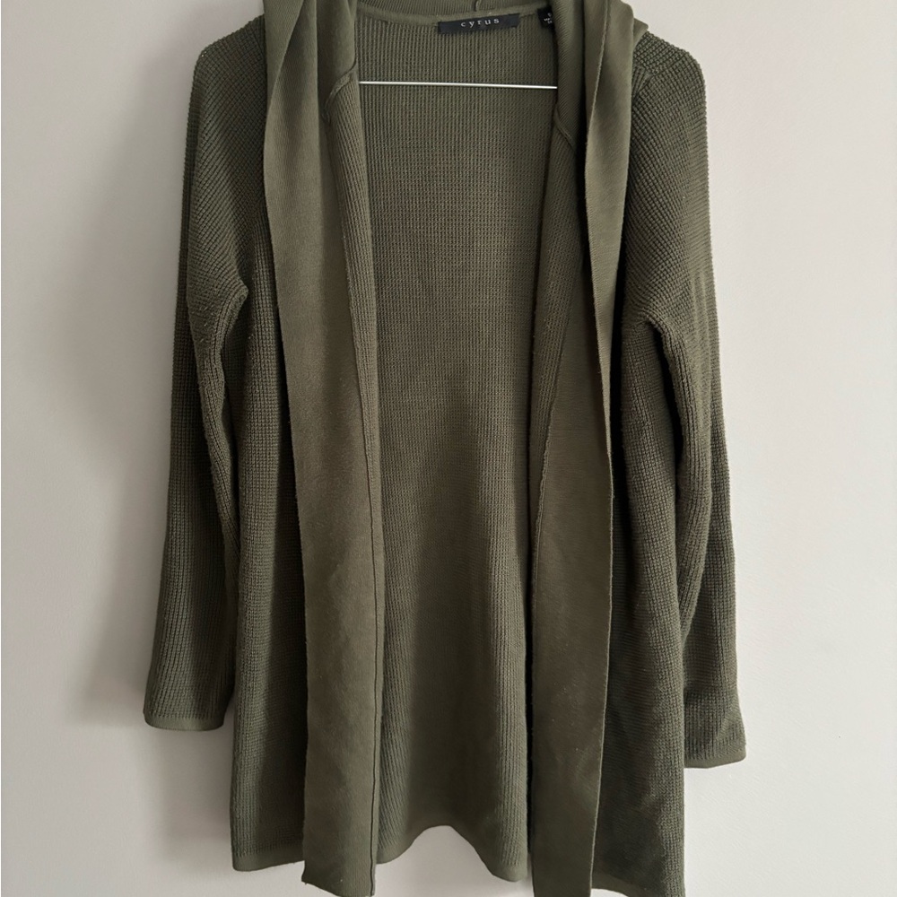 Cyrus Olive Green Open Front Hooded Sweater